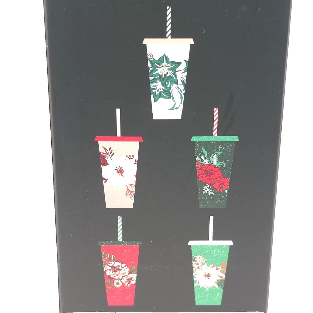 Starbucks Holiday Sparkly Reusable Cold Cups 5 Pack 24 oz W/ Straws 2022 NEW NIB